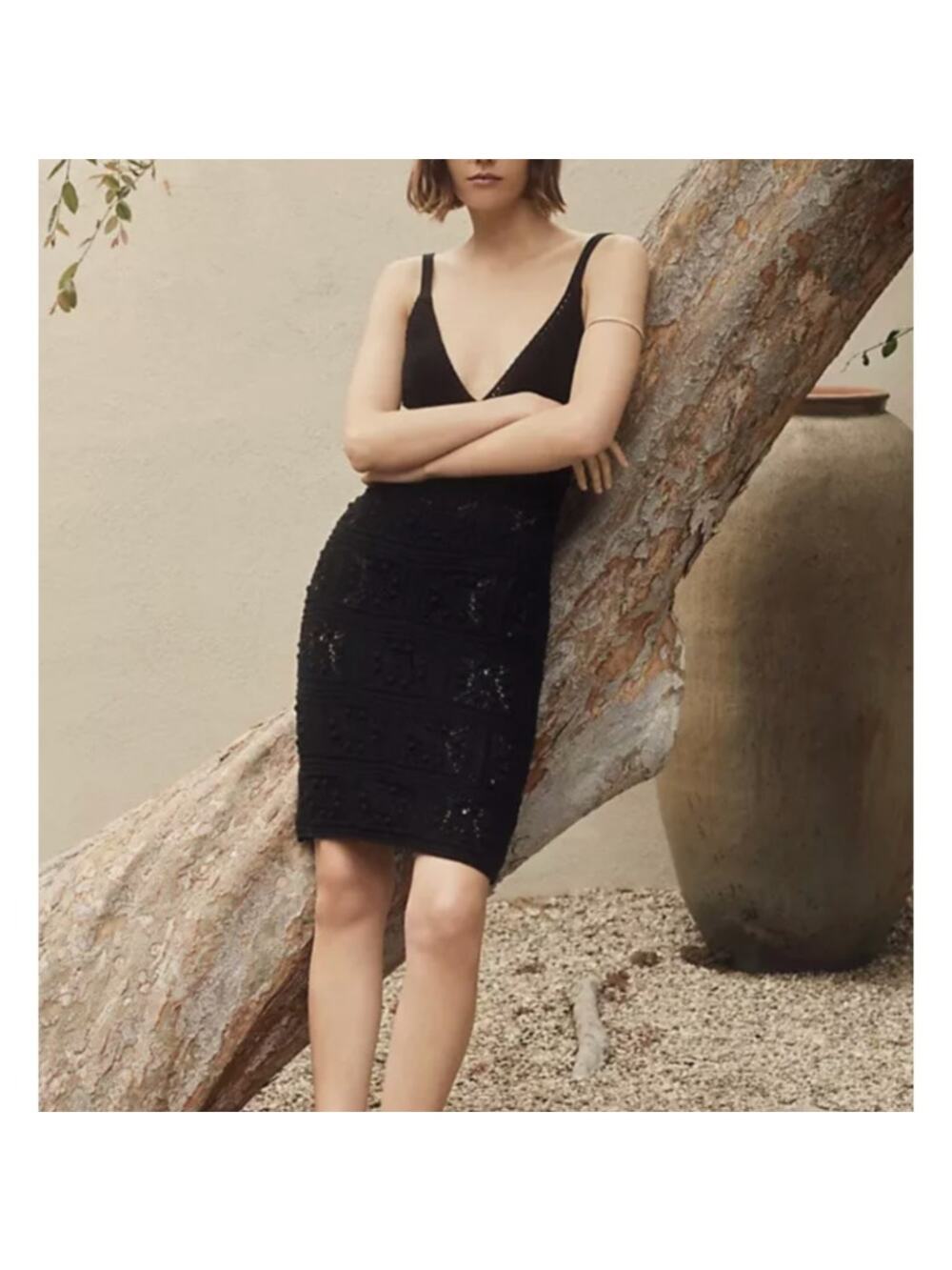 Anthropologie Black Crochet Mini Dress Black Sleeveless V-Neck Dress Medium
